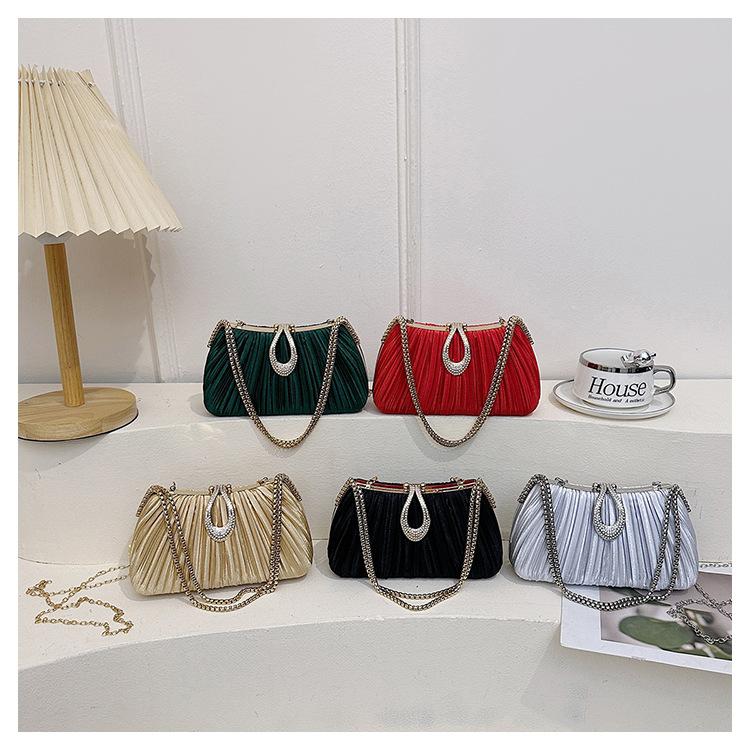 Women's Elegant Satin Evening Bag Pleated Clutch Wedding Purse Chains Party Prom Handbags with Rhinestones for Wedding Bride