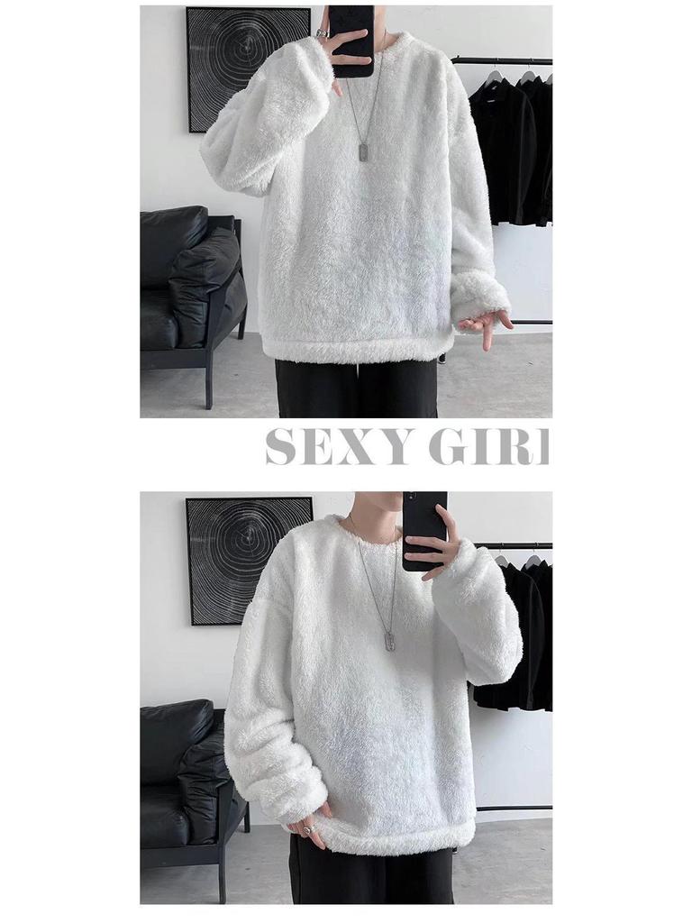 Hong Kong Style Men's Chic Lamb Wool Sweater: Trendy Loose Fit, Solid Color, Autumn/Winter, Plus Velvet Thick Jacket for Couples.