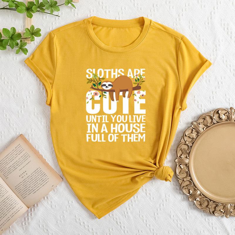 Summer Women's Fashionable Letter Sloth Short Sleeved Casual Loose Cotton Round Neck Top