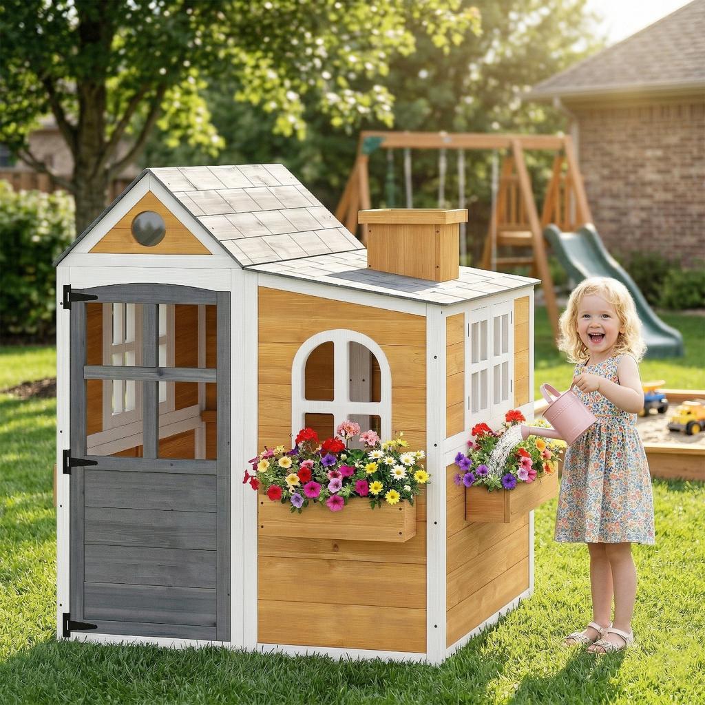 Outdoor Wooden Playhouse for Children, Door, Windows, 3 Flower Boxes, Yellow