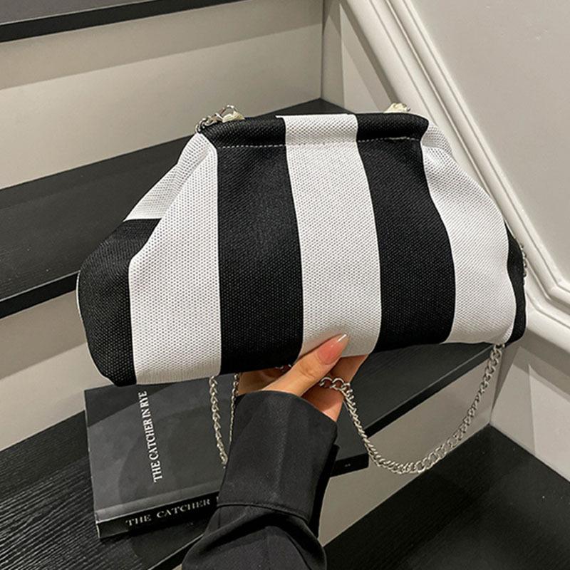 

Striped cloth bag, women s large-capacity autumn and winter chain messenger bag, advanced sense clip mouth gold bag чёрный