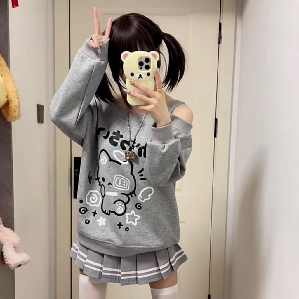 Dziewczęce koszulki Harajuku japońskie Kawaii Odzież damska Koszulki z długim rękawem z nadrukiem kota Odkryte ramię Top Y2k Urocza koszulka