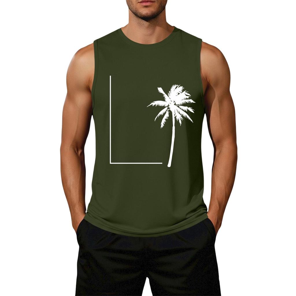 Men's Loose Fit Casual Sleeveless Tank Top Palm Tree Graphic Print Summer Muscle Shirt Lightweight Breathable