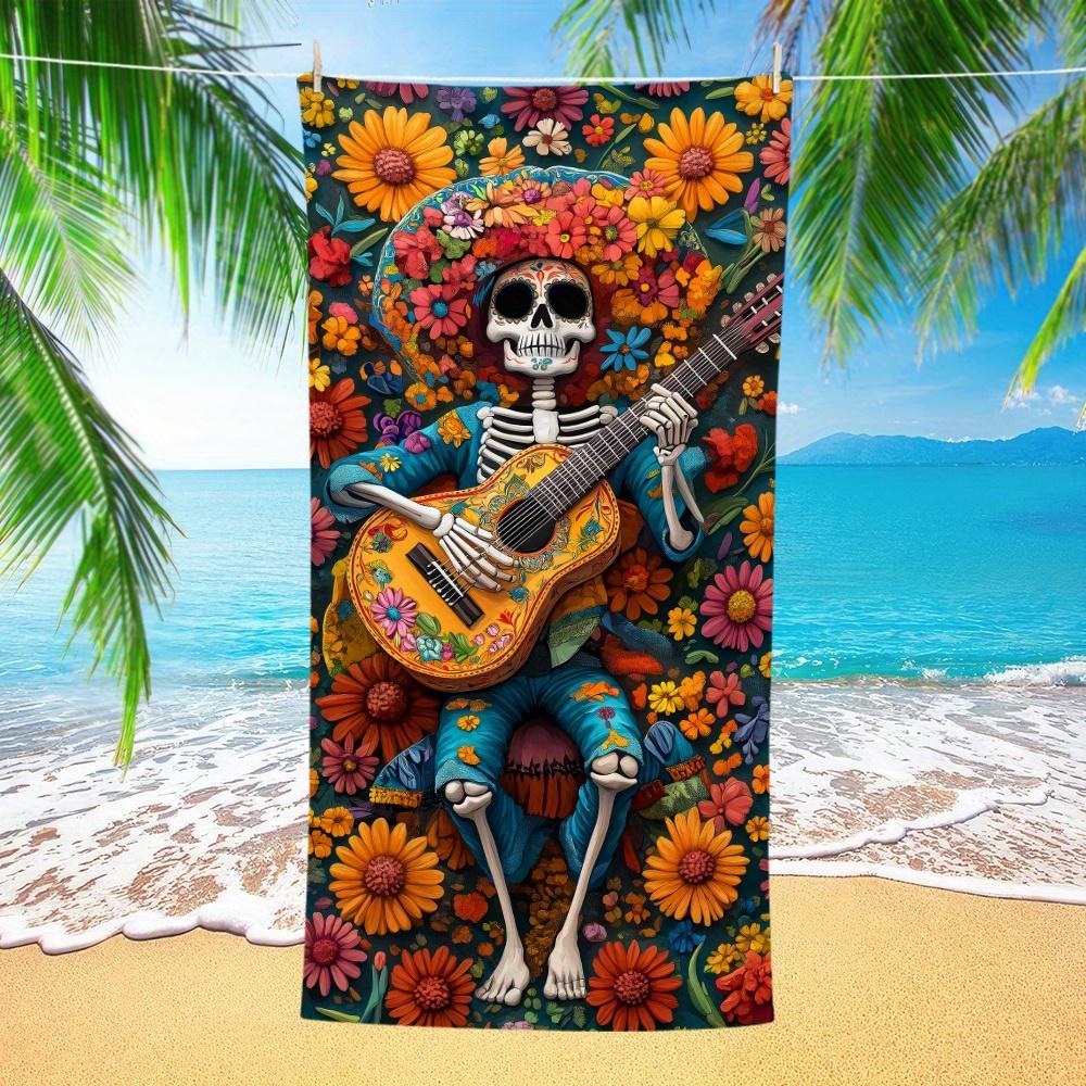

Day of the Dead Skeleton Guitarist Beach Towel, Ultra-Soft Quick-Dry for Swimming Travel Yoga Adventures W30*H60(CM)
