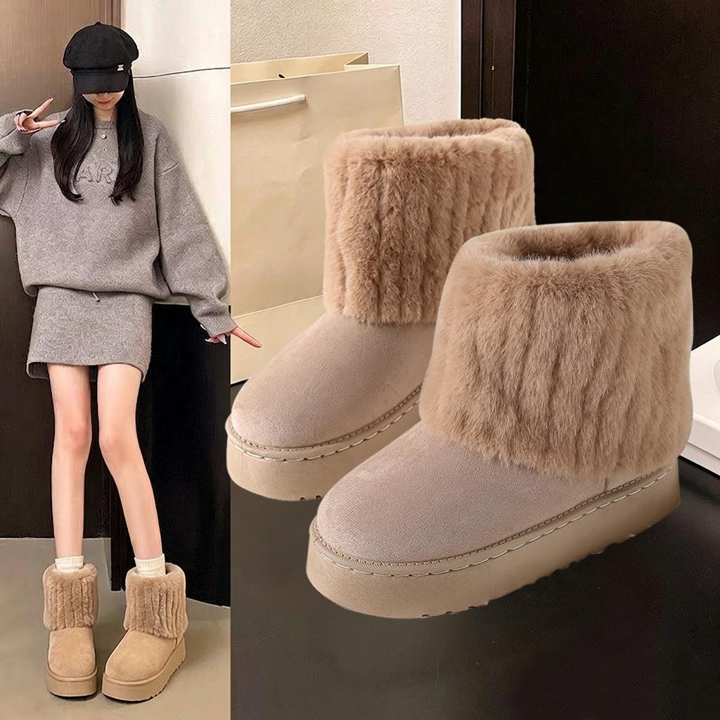 Winter velvet thickened snow boots women's thick-soled medium tube cotton shoes fashion fluffy boots warm snow cotton