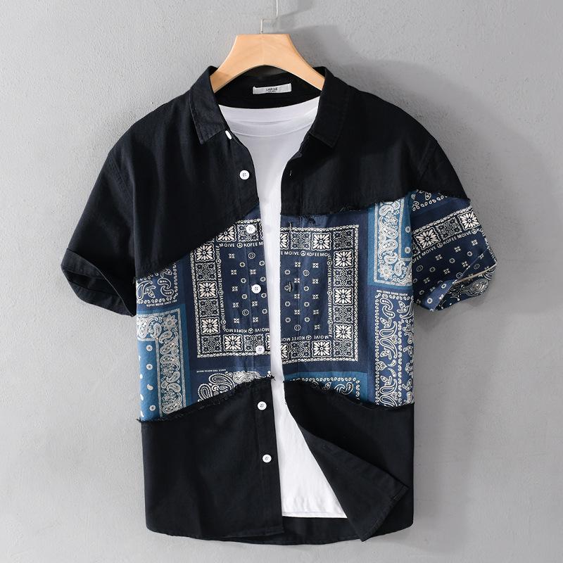 

Men s Summer Patchwork Short Sleeve Loose Fit Pure Cotton Shirt M