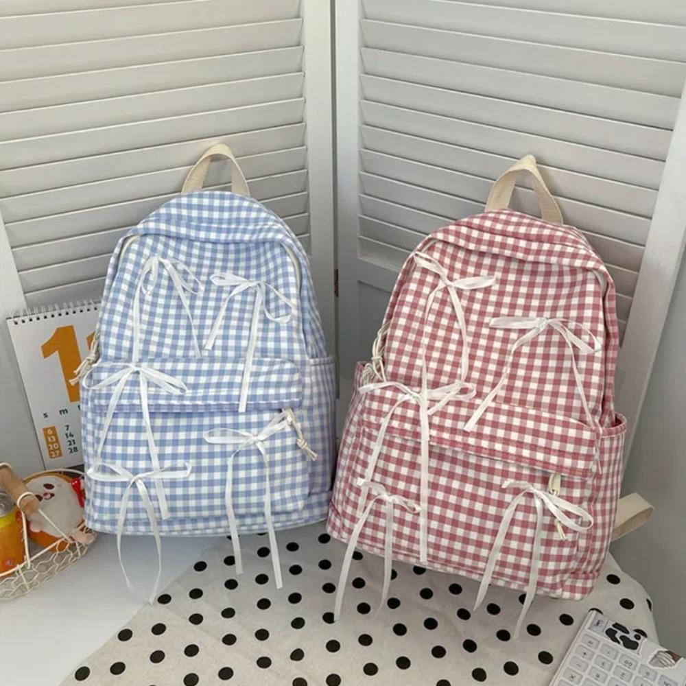 School Backpack Cute Ribbon Bow Students Backpack Plaid Y2k School Bag Large Capacity Travel Daypack Students Travel Daypack