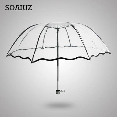 Transparent Folding Non-automatic Umbrella Men Ripple Edge Windproof Rain Umbrella Women Plastic Clear Ladies Outdoor Parasol