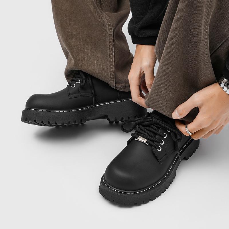 Derby shoes men's platform heightening Martin boots black big head round head commuting cleanfit tooling casual leather shoes