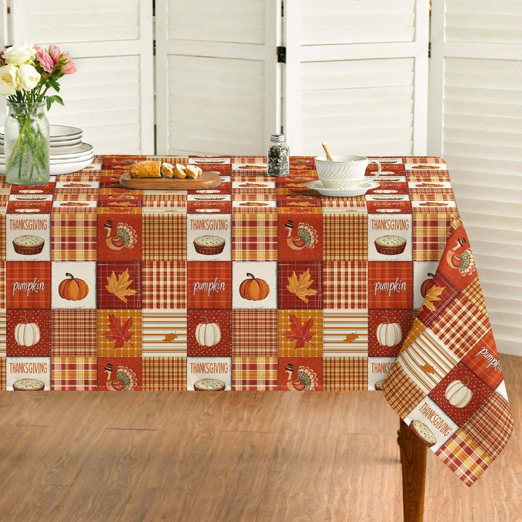 Fall Thanksgiving Turkey Pumpkins Plaid Tablecloth for Table Decor Autumn Harvest Kitchen Dining Table Cloth Autumn Decorations