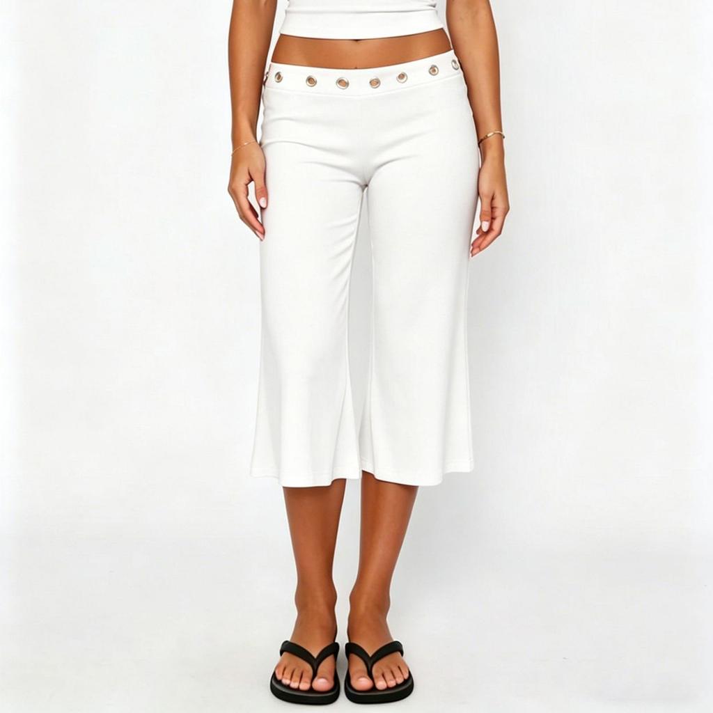 Women Slim Fit Flared Capri Pants Seven Quarter Length Casual Streetwear Sport Trousers with Waist Eyelet Detail