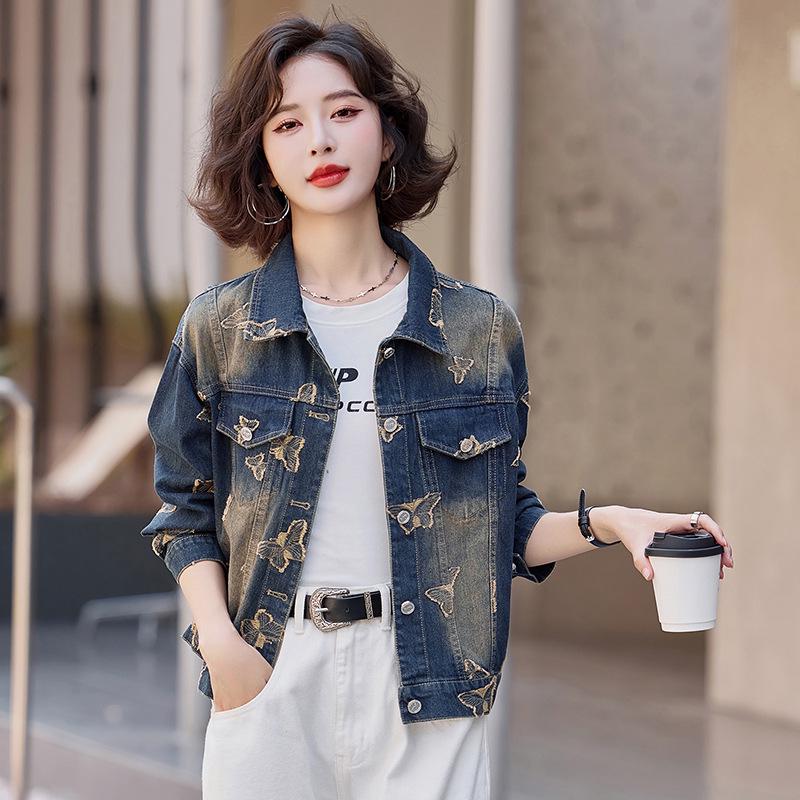 

2025 Retro Embroidered Butterfly Lapel Women s Denim Jacket L 55-60 kg