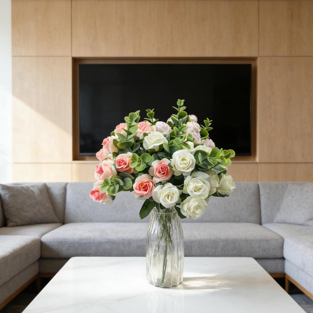 Künstlicher 5-Zweig-Rosen-Eukalyptus-Strauß für Heimdekoration und Foto-Requisiten