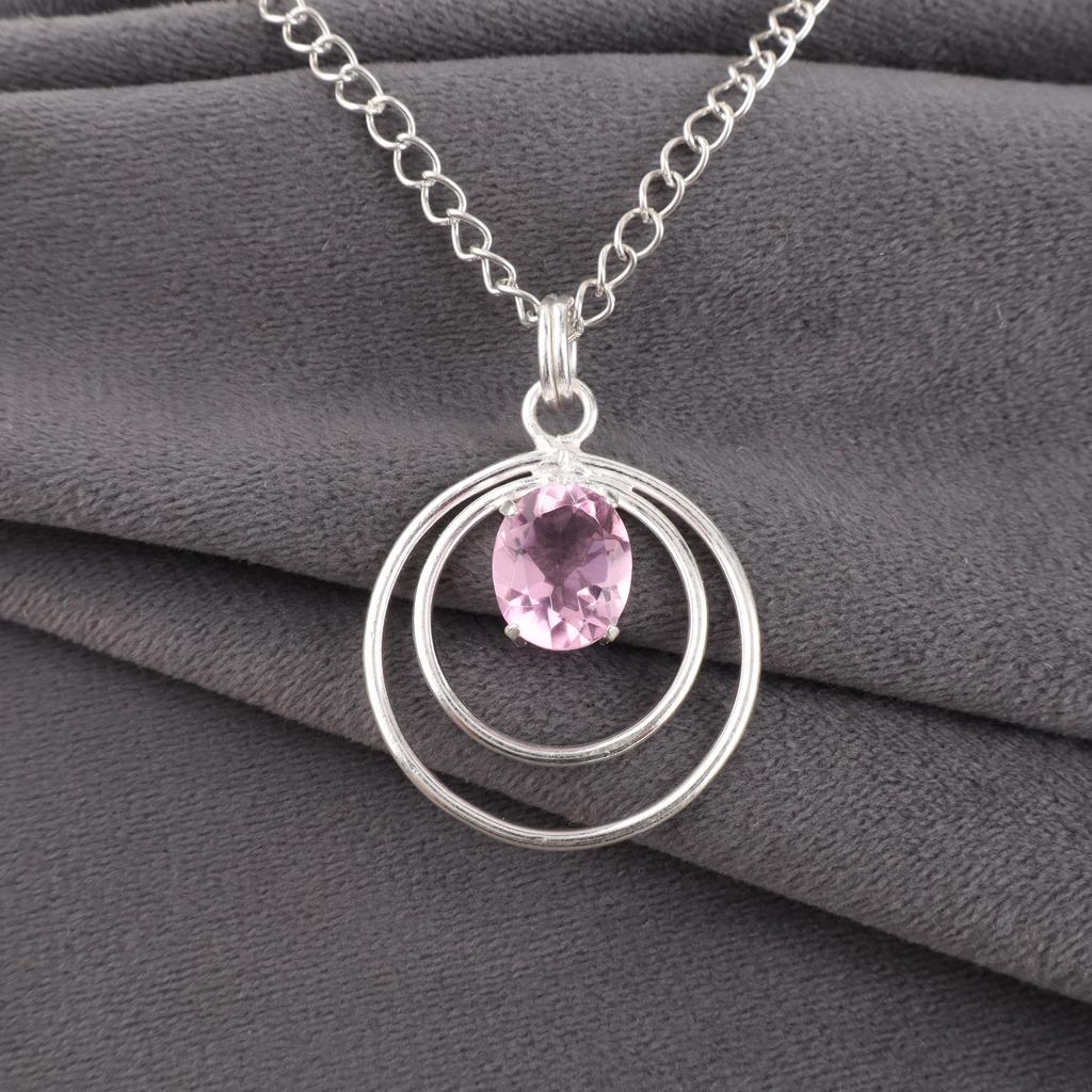 Morganite Pendant, Handmade Gemstone 925 Solid Sterling Silver Pendant Dainty Jewelry, For Engagement Gift