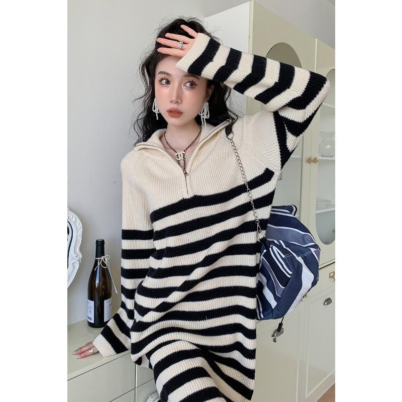 Premium Temperament Celebrity Fashion Knitted Long-sleeved Sweater Sweater Medium and Long Dress