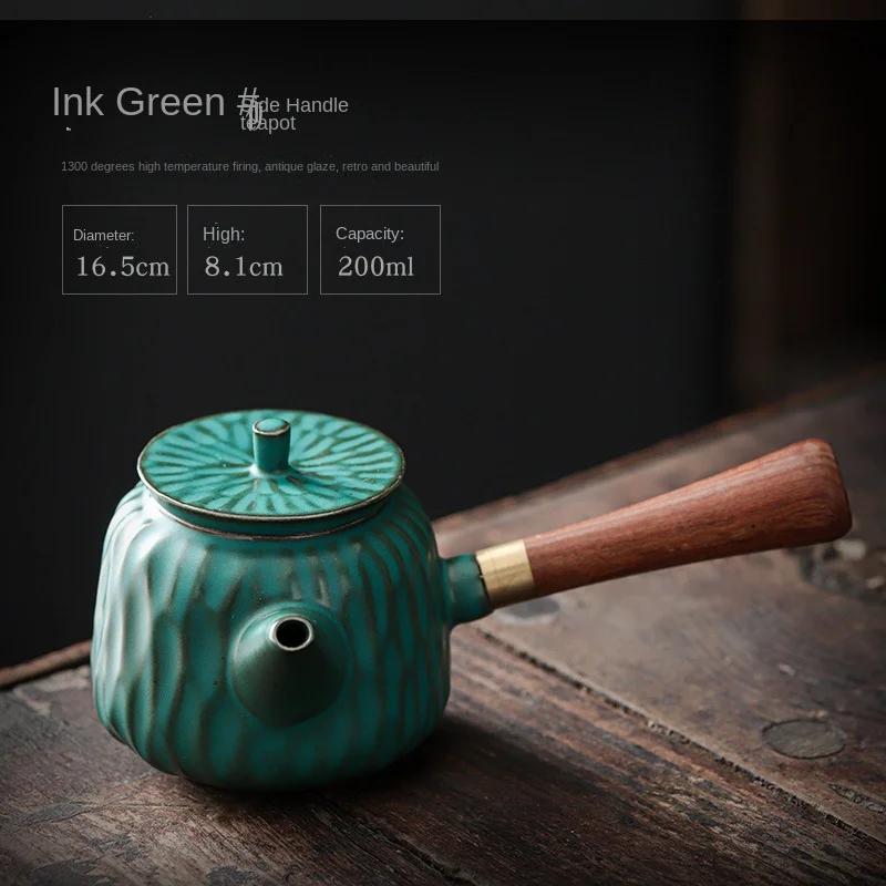

Japanese Style Coarse Pottery Side Handle Pot Antique Wooden Handle Teapot Kung Fu Tea Set Teapot Vintage Tea Infuser Tea Kettle