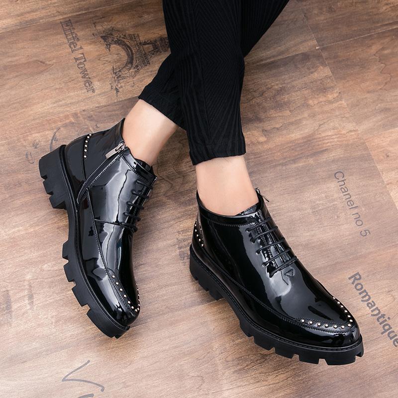 Boots Men Black Zipper Patent Leather Thick Soled Shoes European Youth Style Fashionable Chelsea Boots Size 38-44 Men Boots