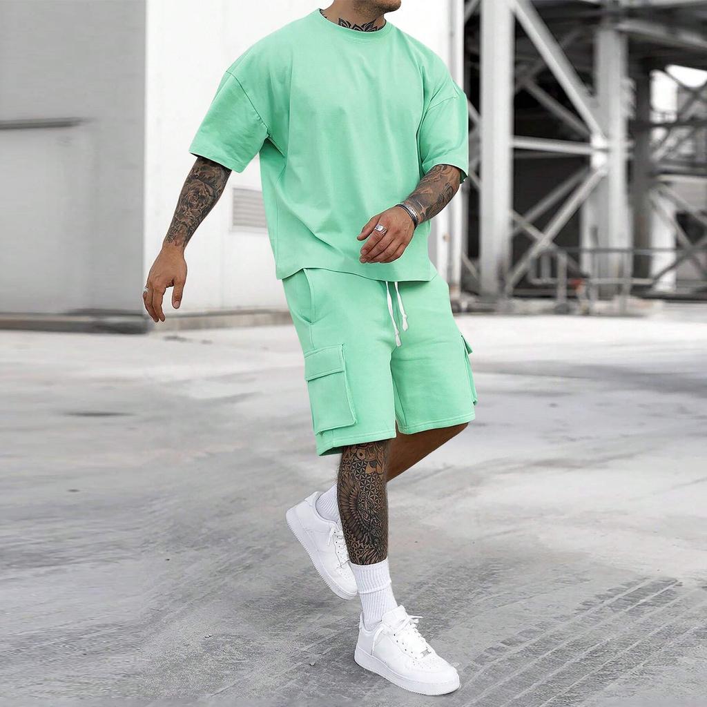 Men's Casual Short Sleeve T-Shirt and Cargo Shorts Set Lightweight Breathable Fabric Loose Fit Summer Outfit