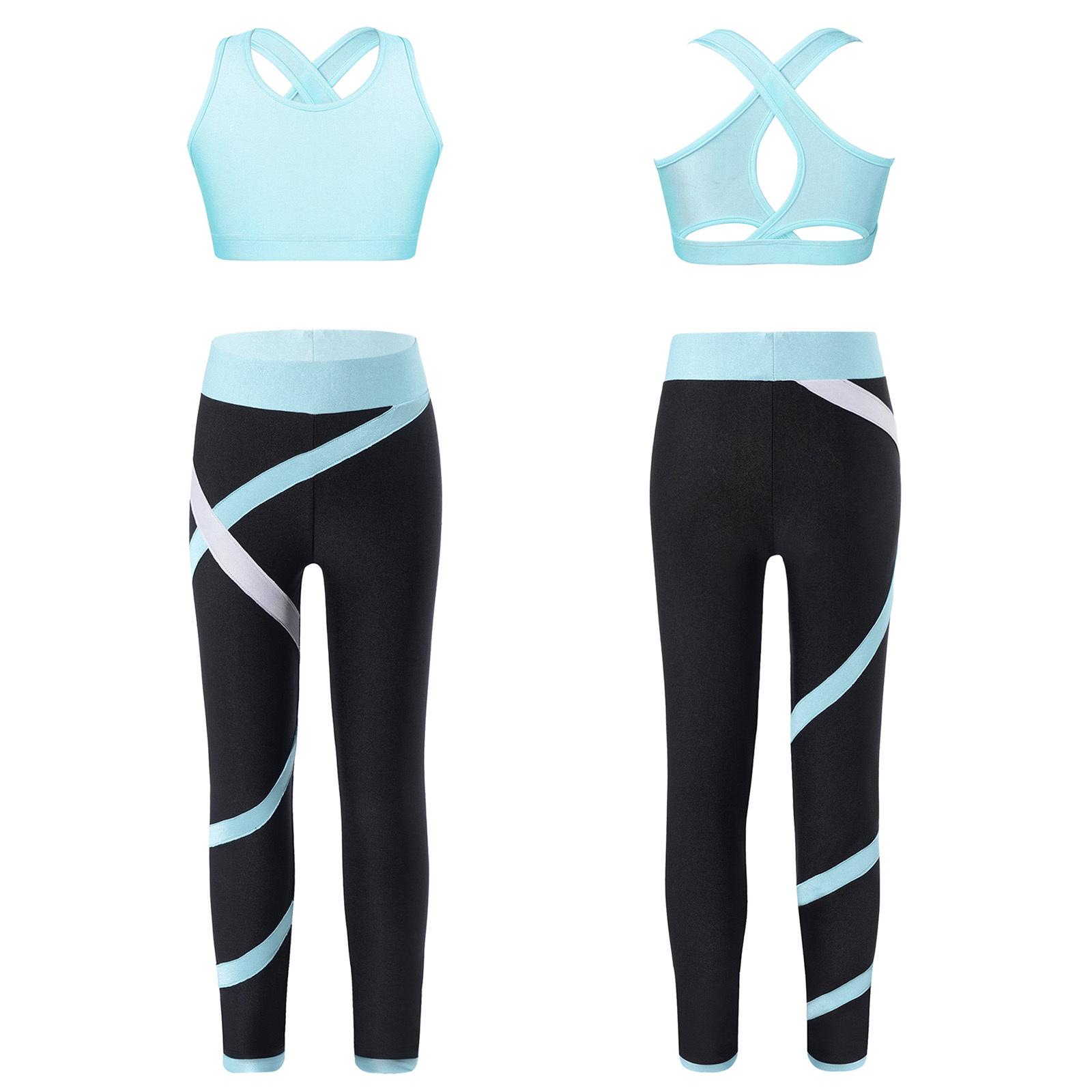 

Girls Crop Top U Neck Cross Straps Keyhole Back Sleeveless Color Block Leggings Yoga Sports Set 15-16 Years світло-синій колір