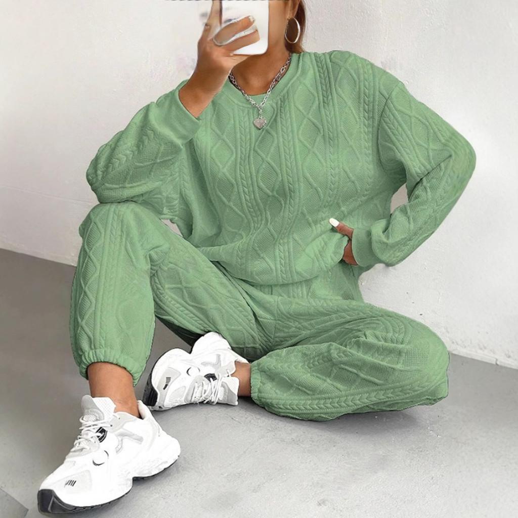 Autumn Winter Trendy Geometric Pattern Knit Pantsuit For Women Casual Lounge Wear