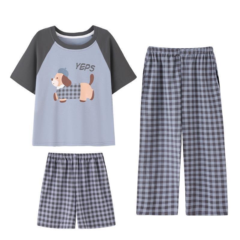 Cotton 3-Piece Pajama Set Boys Lightweight Short Sleeve Sleepwear Cartoon Print Home Wear Ages 8