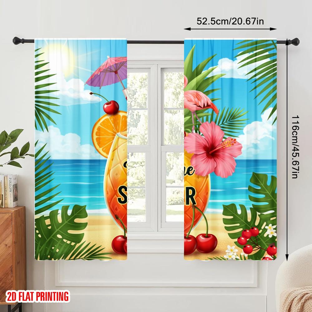 2pcs 2D Flat Printing Party Curtains Welcome Summer Tropical Drink Polyester Without Electricity Festive Holiday Use for Home