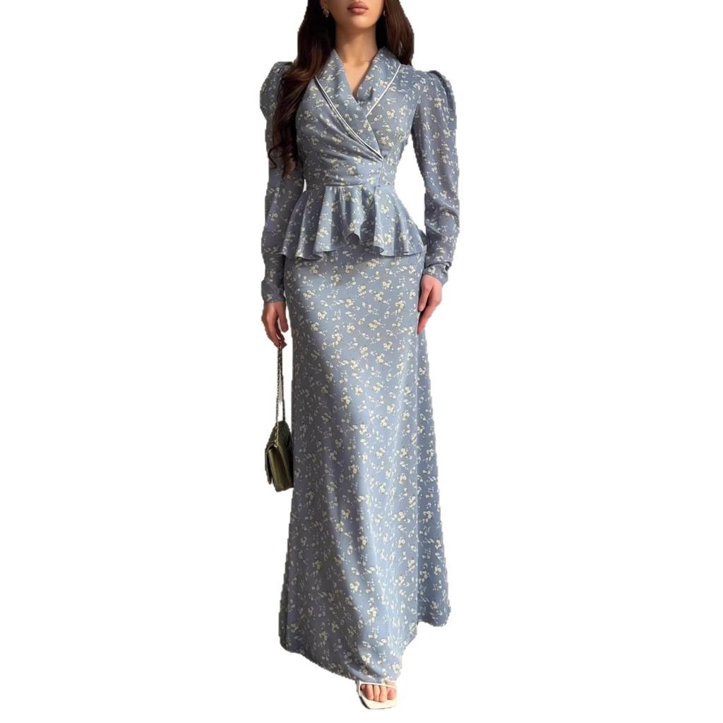 Cross-border European and American women's clothing, light blue floral lapel tie-up waist dress, retro ruffle edge dress