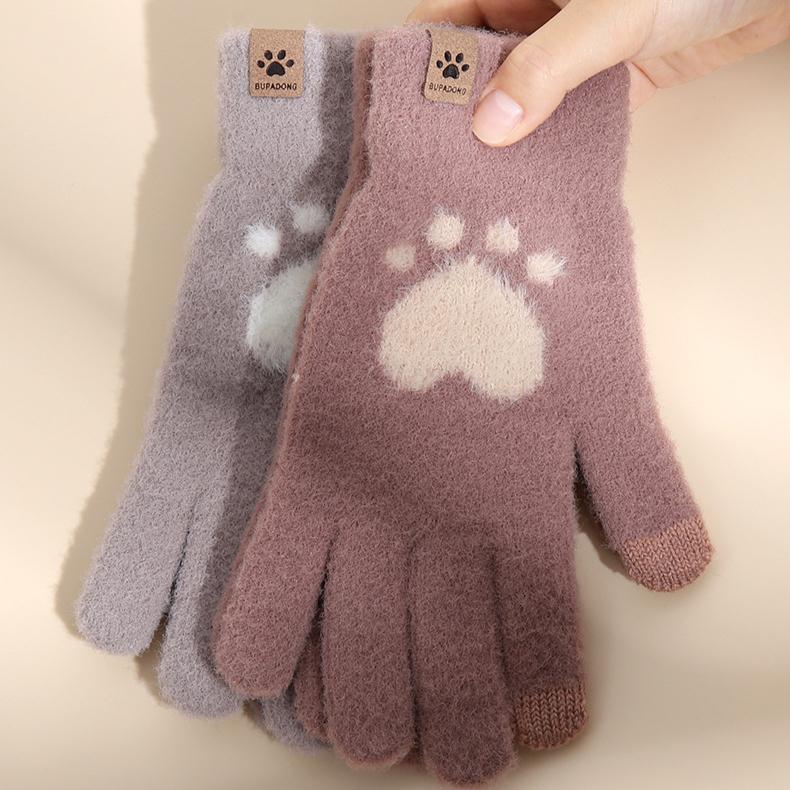 Touch Screen Gloves Cat Claws Cold Resistant and Warm Gloves Ladies' Autumn and Winter Thick Woolen Knitted Gloves