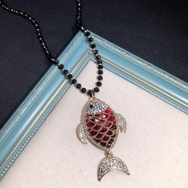 Retro Long Crystal Sweater Chain Women's Versatile Temperament Flower Pendant Necklace Fashion Ethnic Style Hanging Accessories
