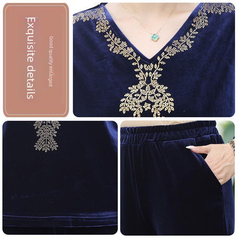 Women's Autumn Gold Velvet Suit: Fashionable, Loose-Fit Two-Piece for Middle-Aged & Elderly, Plus-Size Available.