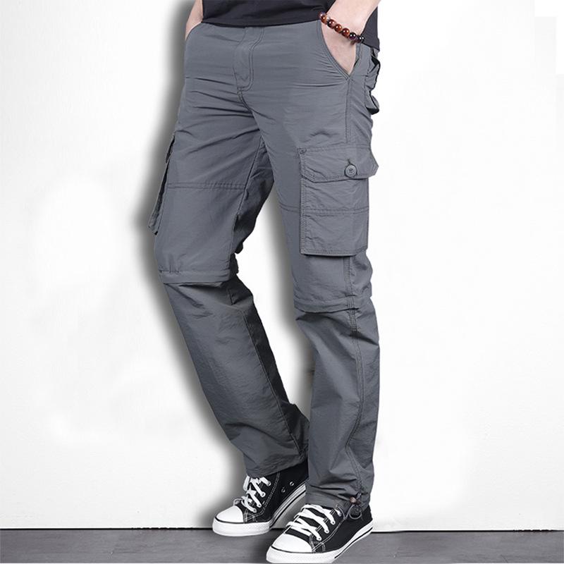 Men s Quick-Dry Summer Outdoor Trousers, Straight Loose Fit, Multi-Pocket, Detachable Work Pants XL серый