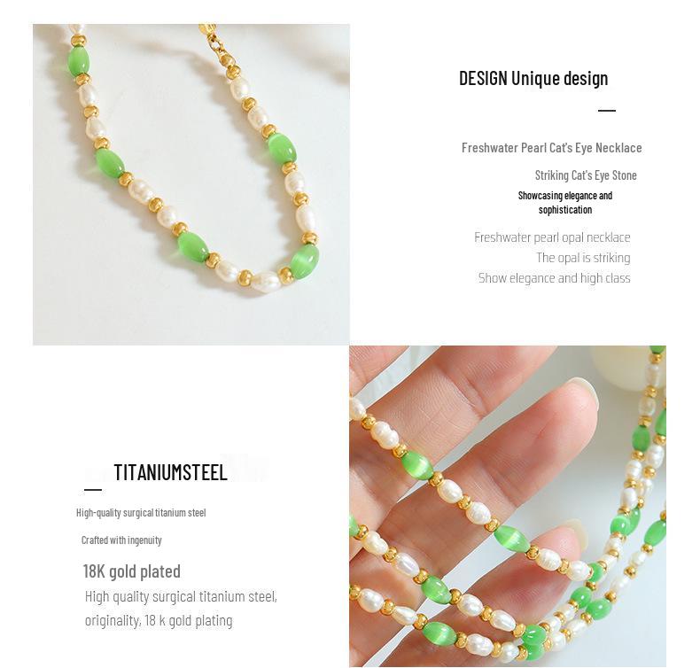 Trendy Thai Green Cat's Eye & Freshwater Pearl Beaded Necklace in Titanium Steel