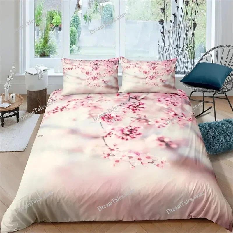 Duvet Cover Set Plum Blossom King Pink Flower Quilt Cover for Girls Microfiber Branches Printed Japanese Ink Style Bedding Set