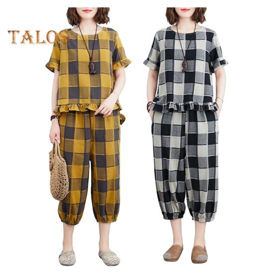 Dámský dvoudílný set s krátkým rukávem a teplákovými kalhotami ve velké velikosti, ležérní kostkovaný, volný, letní