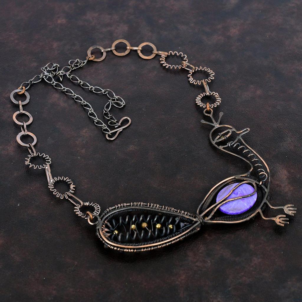 Charoite Necklace Copper Wire Wrapped Gemstone Necklace Adjustable Chain Necklace Peacock Necklace Handmade Necklace For Gift Copper Jewelry