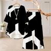Women Plus Size Two Piece Pant Set Round Neck Half Sleeve Black White Printed High Low Top Wide Leg Pants
