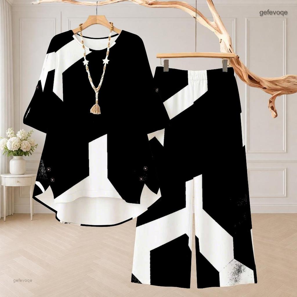 Women Plus Size Two Piece Pant Set Round Neck Half Sleeve Black White Printed High Low Top Wide Leg Pants