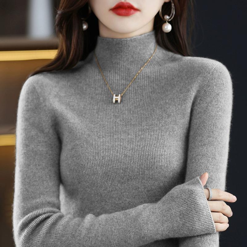 2025 Women's Slim Fit Wool Knit Sweater - Black Half High Neck, Autumn Winter Base Layer