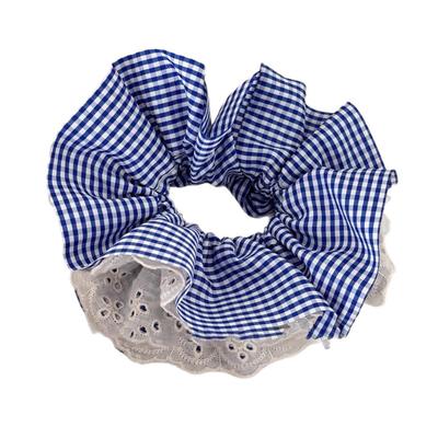 Elastico per capelli blu a quadri stile coreano con bordo in pizzo: Accessorio Elegante per Chignon di Alta Gamma 2025