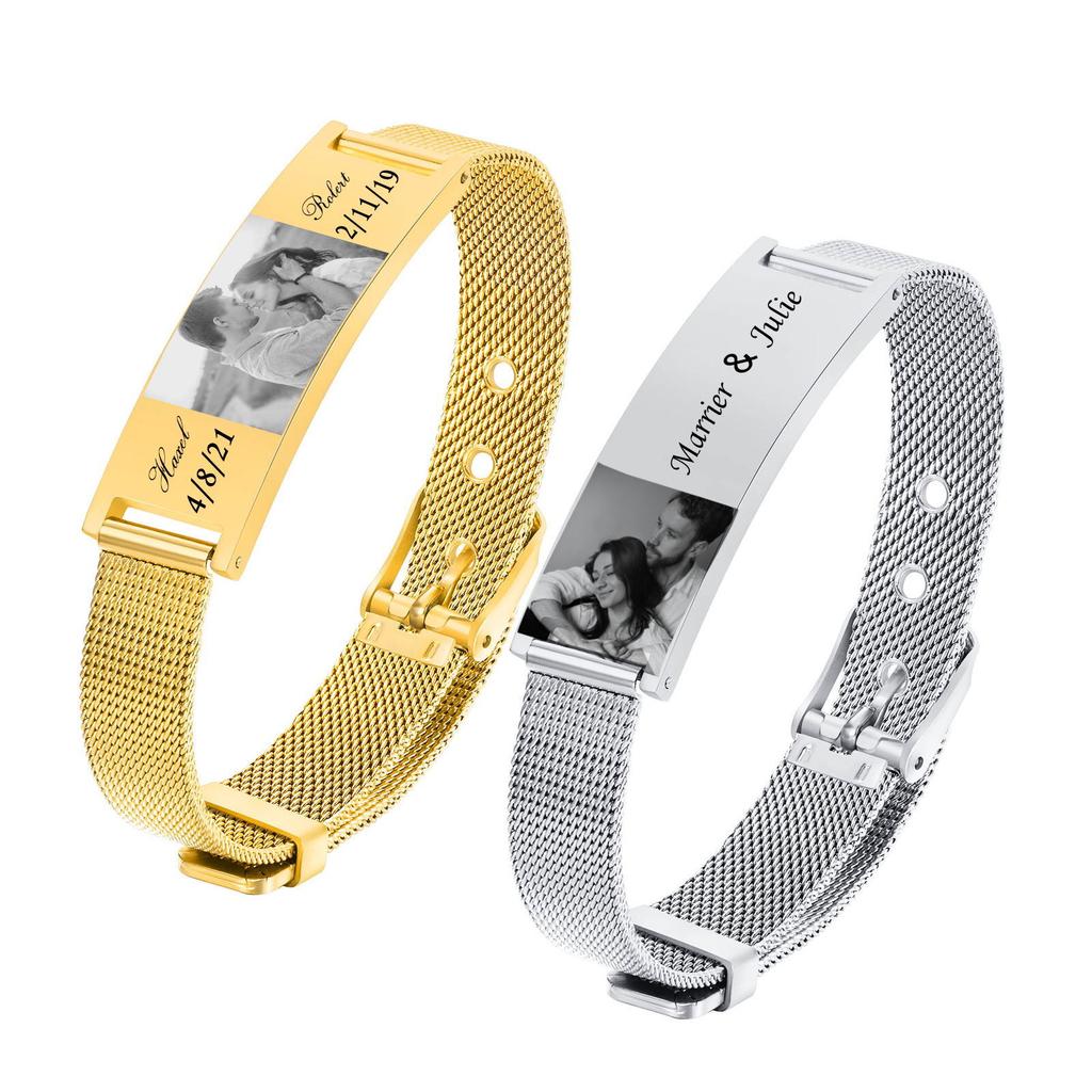 Personalized Photo Bracelet, Stainless Steel Mesh Chain Bracelet for Women Men, Adjustable Chain 5.9" To 7.7