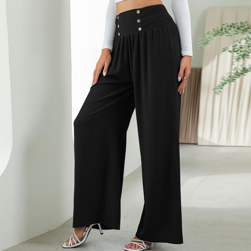 Ladies Color Fashion Elastic Waist High Waist Wide Leg Pants Casual Pants