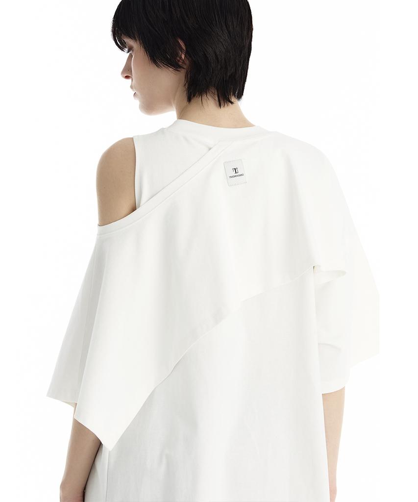 Teulimingbeodeu One-Sleeve Overlay Oversized T-Shirt [ White ]