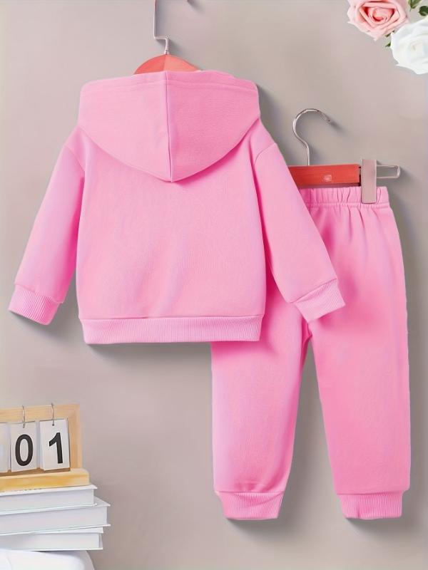 A Cute Two-piece Set of Cartoon Printed Fleece Hooded Long-sleeved Sweatshirts and Sweatpants for Infants and Toddlers in Spring