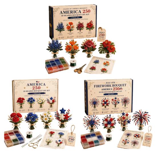 America 250 Beaded Bouquet DIY Kit, 4th of July Patriotic Flower Craft Handmade Set, 1776-2026 Independence Day 3D Beaded Flower Making