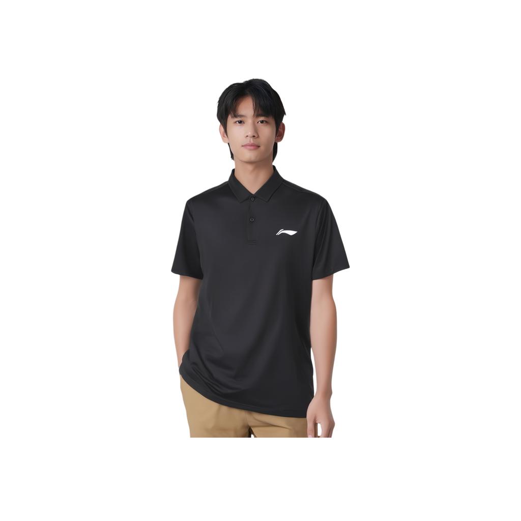 Li Ning Kontrastowy Kolor Nadruk Logo Marki Jednolita Koszulka Polo z Krótkim Rękawem Męska Koszulki Polo Czarna APLN327-1
