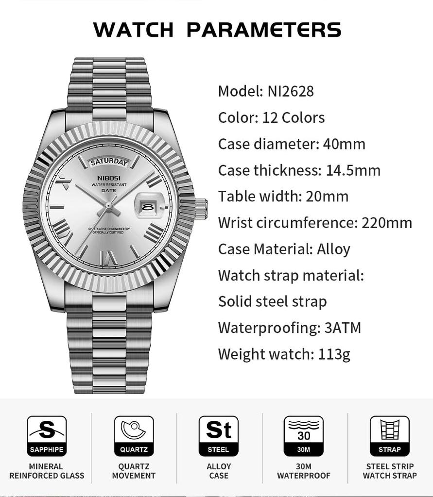 NIBOSI Men's Stylish Stainless Steel Wristwatch with Waterproof Analog Display and Metal Band, Date Display, Classic Design, Silver, Perfect for