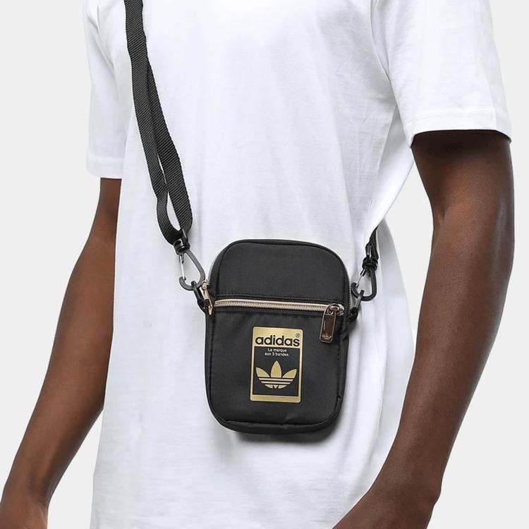 Adidas Originals Logo Gold Label Printed Zipper Polyester Shoulder Crossbody Bag Unisex Bags Black GF3199