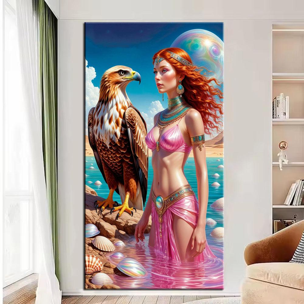 

Fantasy Woman Dragon and Eagle Picture DIY Diamond Painting Cross Stitch Full Drills Diamond Mosaic New Collection Home Decor round 30x60cm