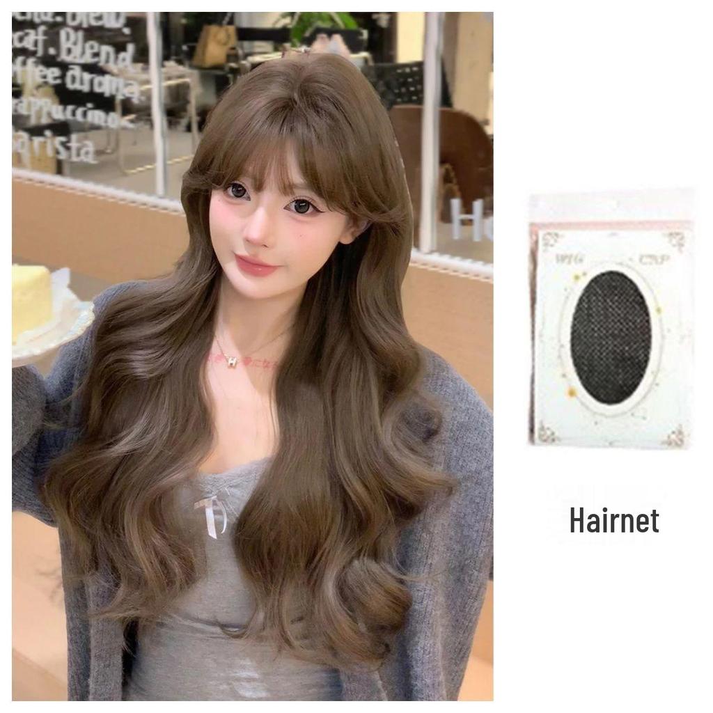 Net Sensation Tea Tea Wig: Brightening Milk Tea Gray-Brown, Korean Style with Big Waves, Elegant Face-Slimming, Realistic Full Head for Women