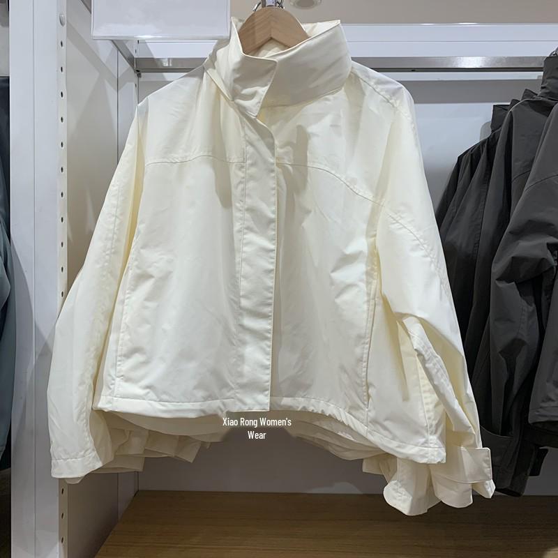 

2025 Spring Windproof Hooded Stand Collar Short Coat - Simple, Versatile Solid Color Jacket Small грязно-белый